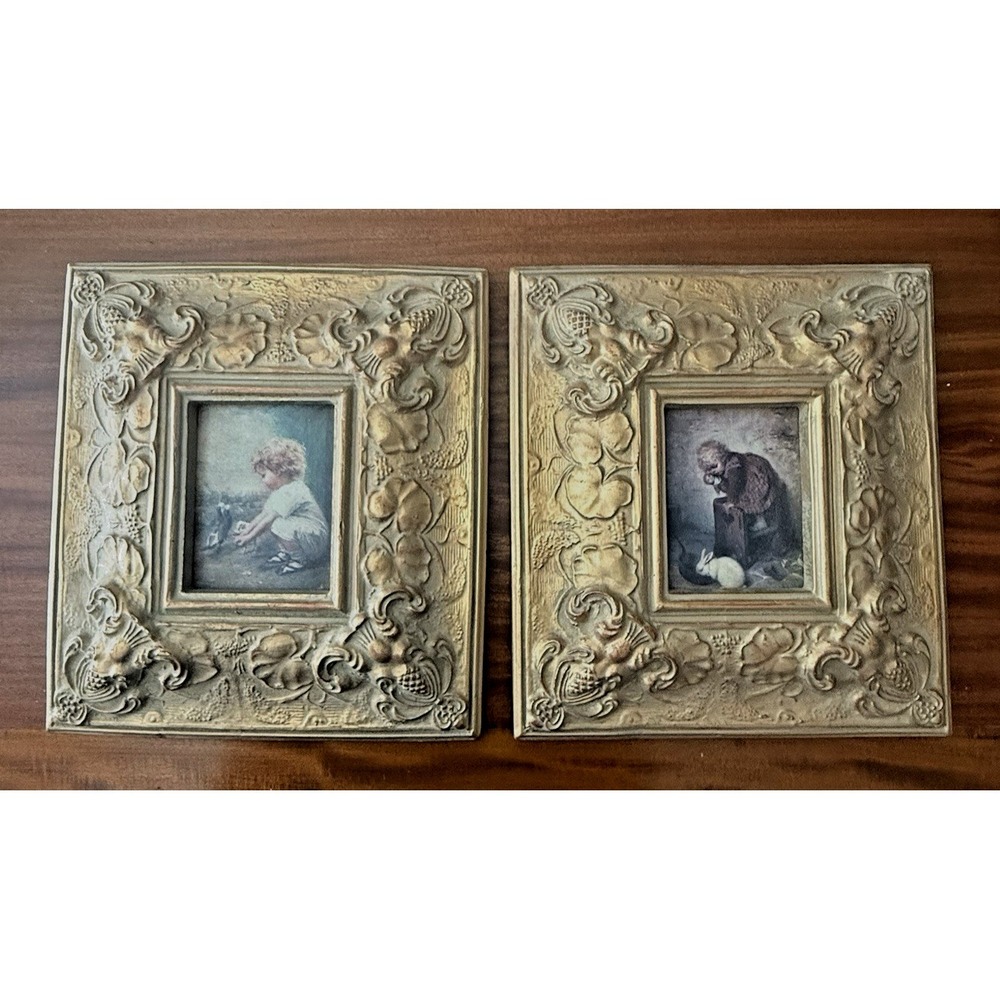 Vintage Art Pair Children w/ Animals Hand Carved‎ Guilded Frames English Manor